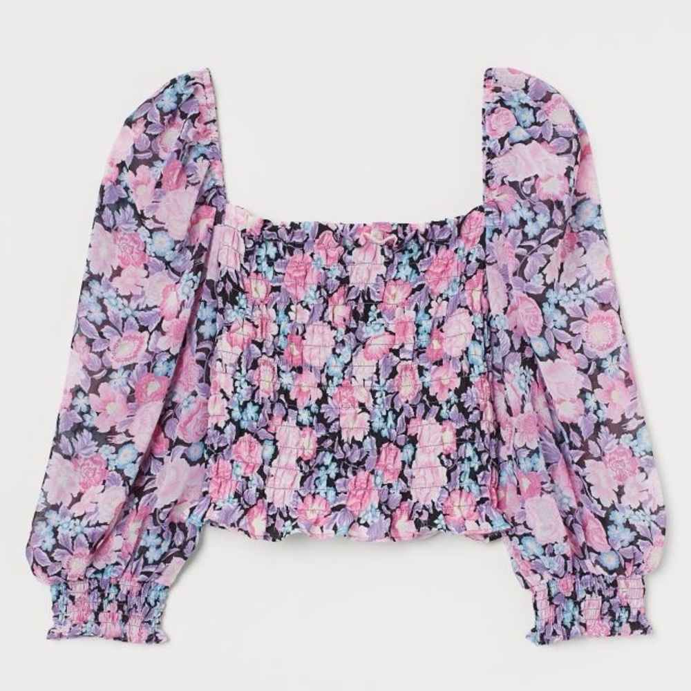 H&M Short Smocked Blouse square neckline Sheer smock flowers crop top